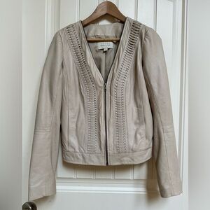 Hinge Cream Soft Leather Cropped Fitted Zip Up Leather Jacket. Size S